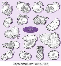 Colorless set with tropical fruits, vector cartoon stickers