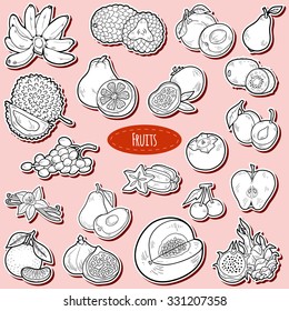 Colorless set with tropical fruits, vector cartoon stickers