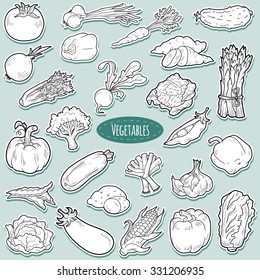 Colorless set with vegetables, vector cartoon stickers