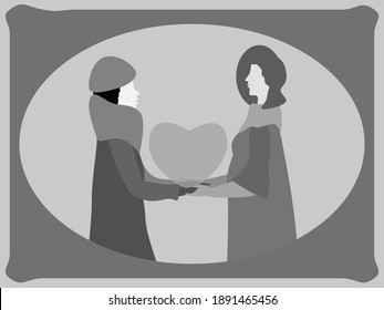 Colorless Valentine card. Retro style. Be my Valentine. Women in love. Lesbian couple. Vector illustration
