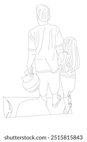 colorless vector from behind of a father and daughter standing on the side of the road carrying a gas cylinder