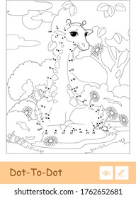 Ilustración punto a punto de contorno vectorial incoloro en un marco con una jirafa en un bosque. Animales silvestres, mamíferos y herbívoros niños preescolares coloreando ilustraciones de libros y actividades de desarrollo.