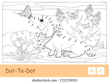 Colorless vector contour dot-to-dot image of a dog playing with butterflies on a meadow isolated on white background. Pets-related preschool kids coloring book illustrations and developmental activity