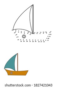 Colorless vector contour dot-to-dot image and colorful example of ship isolated on white background. Educational game for kids.
