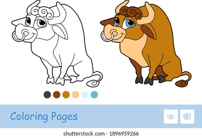 Imagen de contorno vectorial incoloro de un toro aislado en fondo blanco. Niños de preescolar relacionados con la agricultura coloreando ilustraciones de libros y actividades de desarrollo.