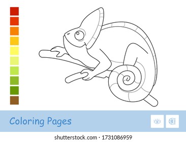 Colorless vector contour image of cute chameleon sitting on the branch isolated on white background.