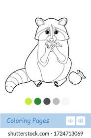 Colorless vector contour image of a raccoon eating an apple isolated on white background and palette below.