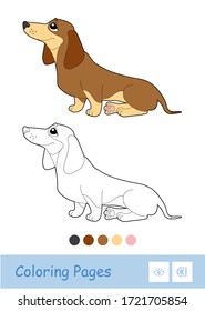 Colorless vector contour image of a sitting dog isolated on white background. Pets-related preschool kids coloring book illustrations and developmental activity.
