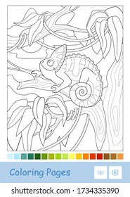 Imagen de contorno vectorial incoloro de camaleón velado sentado en la rama aislado en paleta de color blanco y sugerido. Niños de preescolar coloreando ilustraciones de libros y actividad de desarrollo.