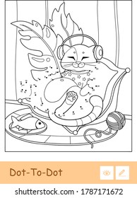 Colorless vector dot-to-dot illustration of a cat in T-shirt, listening to the music in headphones, lying on a cozy pillow next to a plate and a clew.