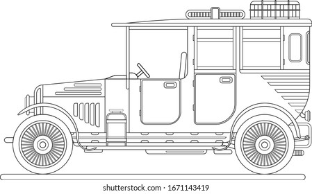 Colorless vector vintage car with a wheel on the roof on a white background