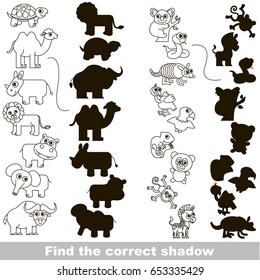 Colorless Wild Animals Set with different shadows to find the correct one, compare and connect object with it true shadow, the educational kid game with simple gaming level.
