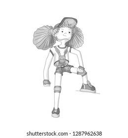 Colorless Young girl in baseball cap and overalls, vector cartoon hand draw illustration. Teenage young girl in grayscale colors, rebel girl illustration. Young positive rebel girl