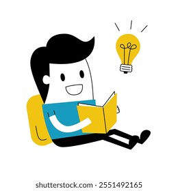 Vector de línea de color de un niño feliz sentado y leyendo un libro, con una bombilla brillante que simboliza la inspiración o las ideas. Diseño minimalista, ideal para temas de educación, creatividad o aprendizaje.