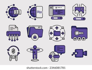 colorline web 3.0 technology icon designing for decentralize application such as AI chatbot, promt writing, image generator, data security, play to earn game and 3D graphic.