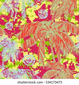 Coloroful floral Tropical pattern Palm trees on a red yellow camouflage background. Graphic painted exotic plants on a grunge pattern abstract background.