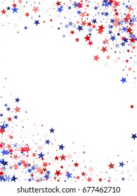 Colors of American flag background corners, vertical frame for 4th of July holiday banner, Independence Day USA greeting card template. Red and blue stars on white, frame border with text place.
