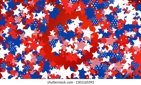 Colors of American Flag: Red, Blue and White. Banner, Greeting Card.  Abstract Background with Many Falling Stars Confetti on Red Backdrop. 
 Vector Stars Background with Colors of American Flag.