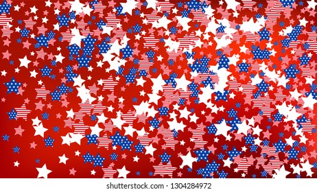 Colors of American Flag: Red, Blue and White.  Abstract Background with Many Falling Stars Confetti on Red Backdrop. 
 Banner, Greeting Card. Vector Stars Background with Colors of American Flag.