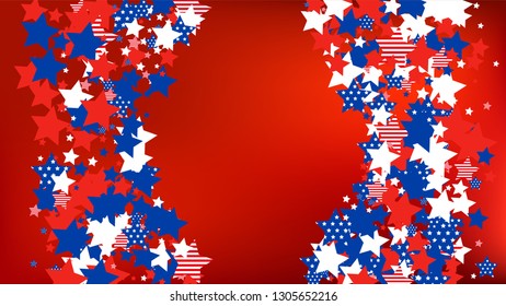 Colors of American Flag: Red, Blue and White. Banner, Greeting Card.  Abstract Background with Many Falling Stars Confetti on Red Backdrop. 
 Vector Stars Background with Colors of American Flag.