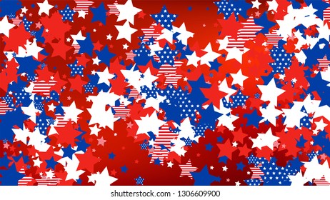 Colors of American Flag: Red, Blue and White. Banner, Greeting Card.  Abstract Background with Many Falling Stars Confetti on Red Backdrop. 
 Vector Stars Background with Colors of American Flag.