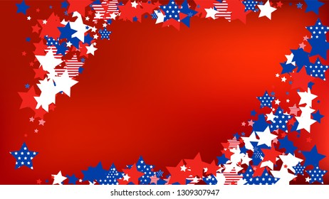 Colors of American Flag: Red, Blue and White.  Abstract Background with Many Falling Stars Confetti on Red Backdrop. 
 Banner, Greeting Card. Vector Stars Background with Colors of American Flag.