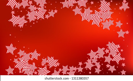 Colors of American Flag: Red, Blue and White.  Abstract Background with Many Falling Stars Confetti on Red Backdrop. 
 Banner, Greeting Card. Vector Stars Background with Colors of American Flag.