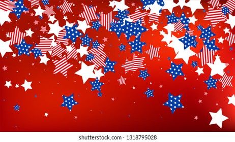 Colors of American Flag: Red, Blue and White. Banner, Greeting Card.  Abstract Background with Many Falling Stars Confetti on Red Backdrop. 
 Vector Stars Background with Colors of American Flag.