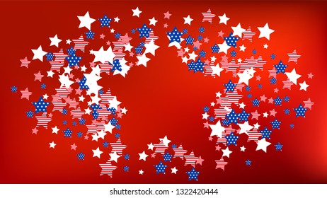 Colors of American Flag: Red, Blue and White.  Abstract Background with Many Falling Stars Confetti on Red Backdrop. 
 Banner, Greeting Card. Vector Stars Background with Colors of American Flag.