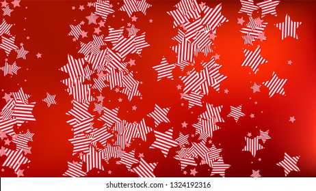Colors of American Flag: Red, Blue and White. Banner, Greeting Card.  Abstract Background with Many Falling Stars Confetti on Red Backdrop. 
 Vector Stars Background with Colors of American Flag.