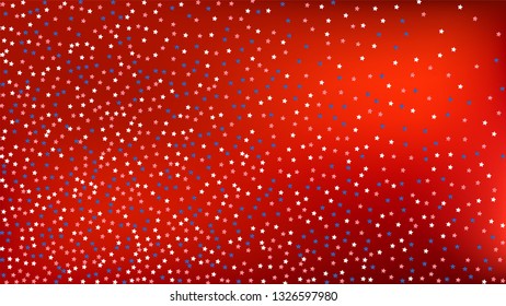 Colors of American Flag: Red, Blue and White. Banner, Greeting Card.  Abstract Background with Many Falling Stars Confetti on Red Backdrop. 
 Vector Stars Background with Colors of American Flag.