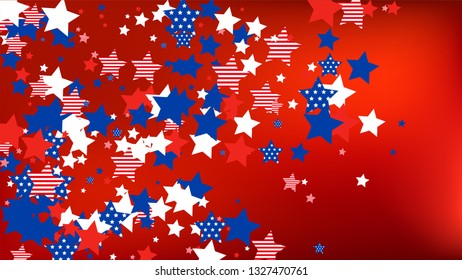 Colors of American Flag: Red, Blue and White.  Abstract Background with Many Falling Stars Confetti on Red Backdrop. 