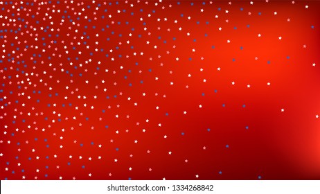 Colors of American Flag: Red, Blue and White. Banner, Greeting Card.  Abstract Background with Many Falling Stars Confetti on Red Backdrop. 
 Vector Stars Background with Colors of American Flag.