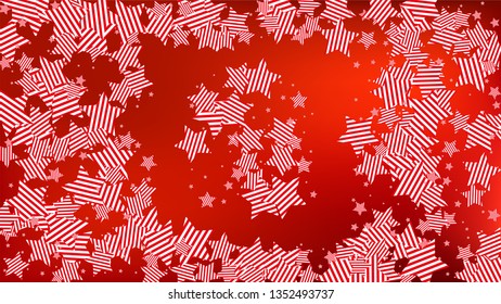 Colors of American Flag: Red, Blue and White.  Abstract Background with Many Falling Stars Confetti on Red Backdrop. 
 Banner, Greeting Card. Vector Stars Background with Colors of American Flag.