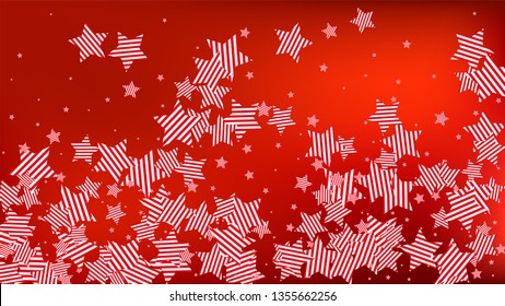 Colors of American Flag: Red, Blue and White.  Abstract Background with Many Falling Stars Confetti on Red Backdrop. 
 Banner, Greeting Card. Vector Stars Background with Colors of American Flag.