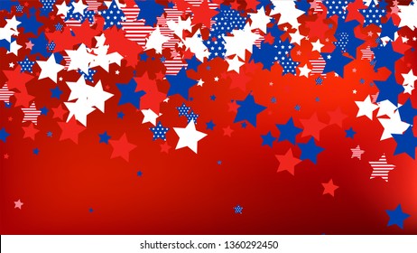 Colors of American Flag: Red, Blue and White.  Abstract Background with Many Falling Stars Confetti on Red Backdrop. 
 Banner, Greeting Card. Vector Stars Background with Colors of American Flag.