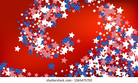 Colors of American Flag: Red, Blue and White. Banner, Greeting Card.  Abstract Background with Many Falling Stars Confetti on Red Backdrop. 
 Vector Stars Background with Colors of American Flag.