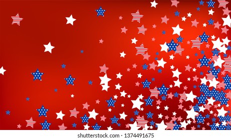 Colors of American Flag: Red, Blue and White.  Abstract Background with Many Falling Stars Confetti on Red Backdrop. 
 Banner, Greeting Card. Vector Stars Background with Colors of American Flag.