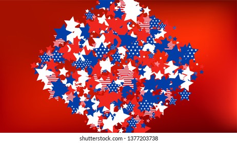 Colors of American Flag: Red, Blue and White.  Abstract Background with Many Falling Stars Confetti on Red Backdrop. 
 Banner, Greeting Card. Vector Stars Background with Colors of American Flag.