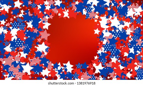 Colors of American Flag: Red, Blue and White.  Abstract Background with Many Falling Stars Confetti on Red Backdrop. 
 Banner, Greeting Card. Vector Stars Background with Colors of American Flag.