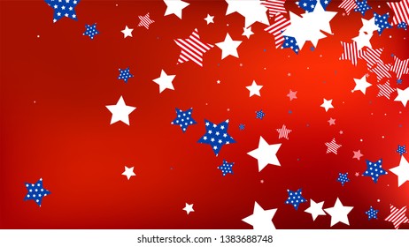 Colors of American Flag: Red, Blue and White. Banner, Greeting Card.  Abstract Background with Many Falling Stars Confetti on Red Backdrop. 
 Vector Stars Background with Colors of American Flag.