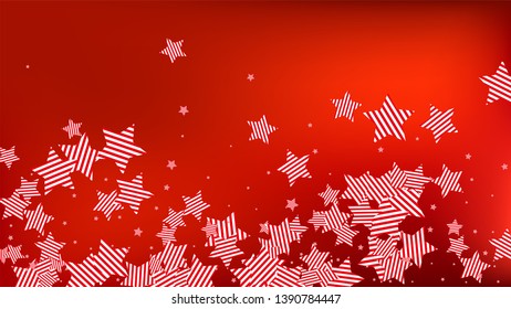 Colors of American Flag: Red, Blue and White.  Abstract Background with Many Falling Stars Confetti on Red Backdrop. 
 Banner, Greeting Card. Vector Stars Background with Colors of American Flag.