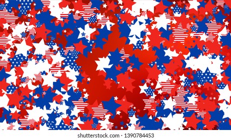 Colors of American Flag: Red, Blue and White.  Abstract Background with Many Falling Stars Confetti on Red Backdrop. 
 Banner, Greeting Card. Vector Stars Background with Colors of American Flag.
