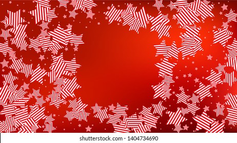 Colors of American Flag: Red, Blue and White.  Abstract Background with Many Falling Stars Confetti on Red Backdrop. 
 Banner, Greeting Card. Vector Stars Background with Colors of American Flag.