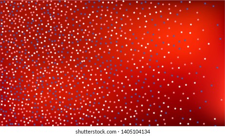 Colors of American Flag: Red, Blue and White. Banner, Greeting Card.  Abstract Background with Many Falling Stars Confetti on Red Backdrop. 
 Vector Stars Background with Colors of American Flag.