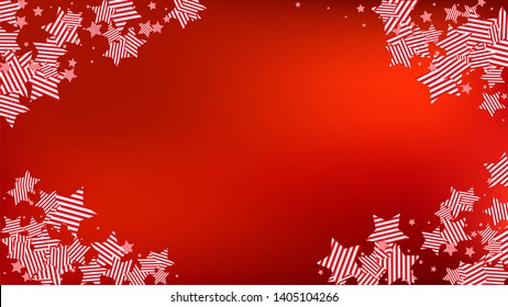 Colors of American Flag: Red, Blue and White.  Abstract Background with Many Falling Stars Confetti on Red Backdrop. 
 Banner, Greeting Card. Vector Stars Background with Colors of American Flag.