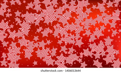 Colors of American Flag: Red, Blue and White. Banner, Greeting Card.  Abstract Background with Many Falling Stars Confetti on Red Backdrop. 
 Vector Stars Background with Colors of American Flag.