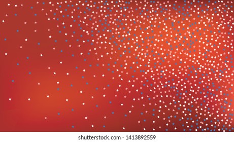 Colors of American Flag: Red, Blue and White.  Abstract Background with Many Falling Stars Confetti on Red Backdrop. 
 Banner, Greeting Card. Vector Stars Background with Colors of American Flag.