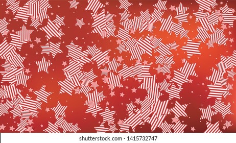 Colors of American Flag: Red, Blue and White. Banner, Greeting Card.  Abstract Background with Many Falling Stars Confetti on Red Backdrop. 
 Vector Stars Background with Colors of American Flag.