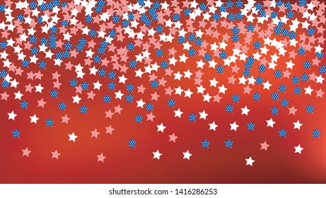 Colors of American Flag: Red, Blue and White.  Abstract Background with Many Falling Stars Confetti on Red Backdrop. 
 Banner, Greeting Card. Vector Stars Background with Colors of American Flag.